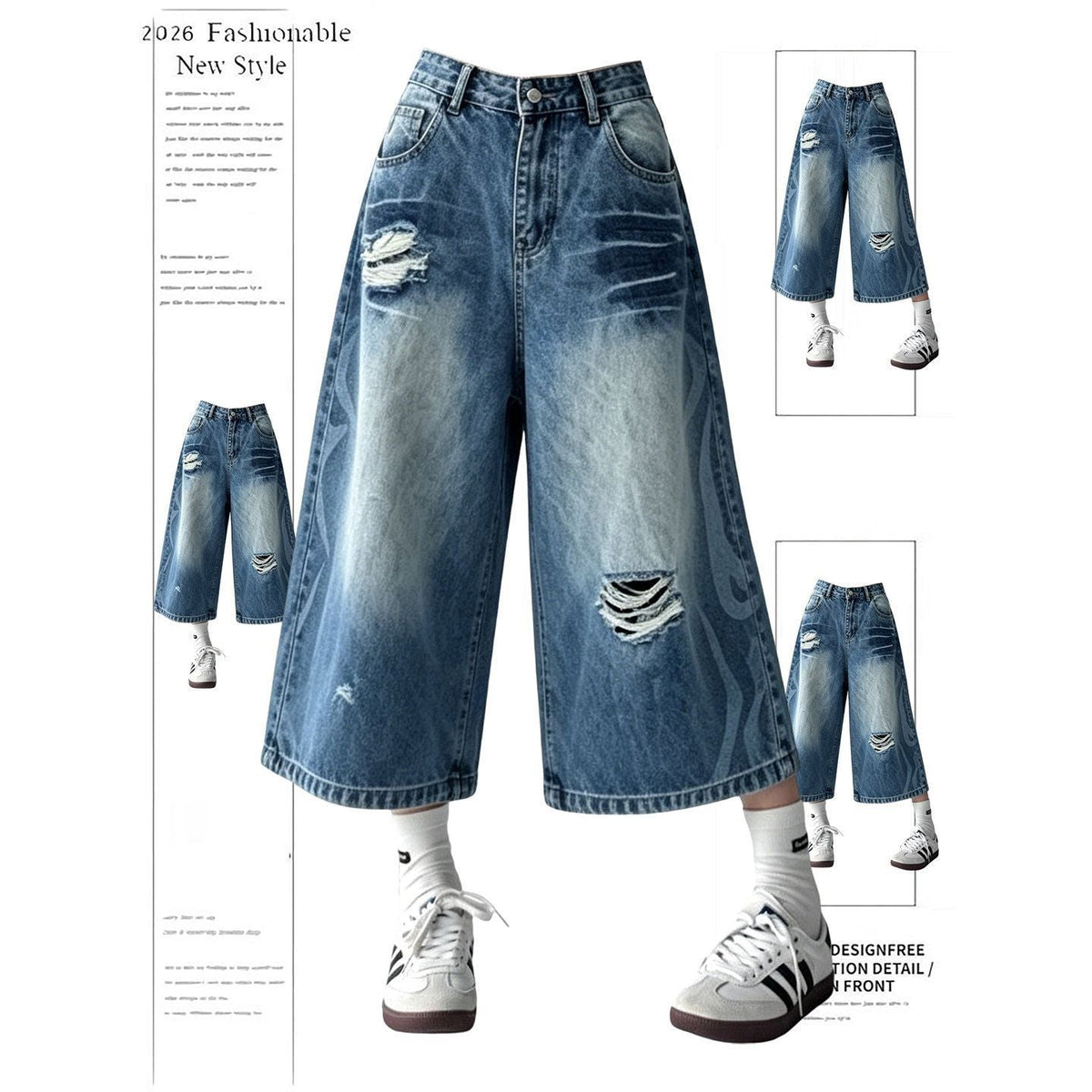 Vintage Distressed Curved Wide Leg Denim Capri Jeans Streetwear