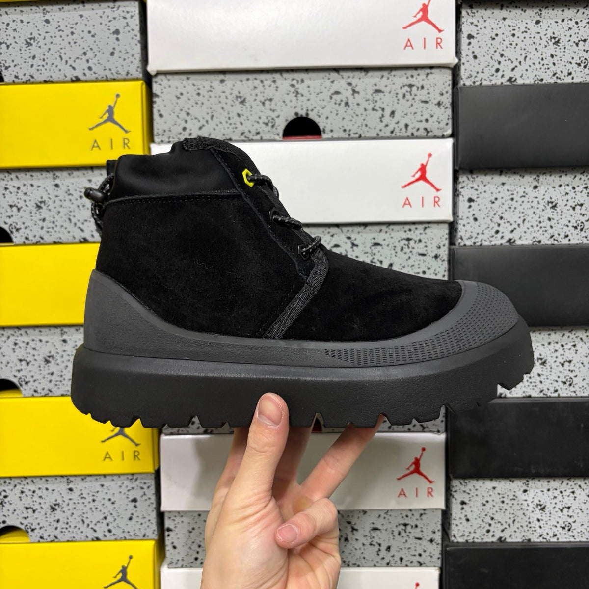UGG Lace-Up Hiker Boot – Suede & Nylon Boot with Neon Yellow Toggle, Charcoal Midsole & Black Lug Sole