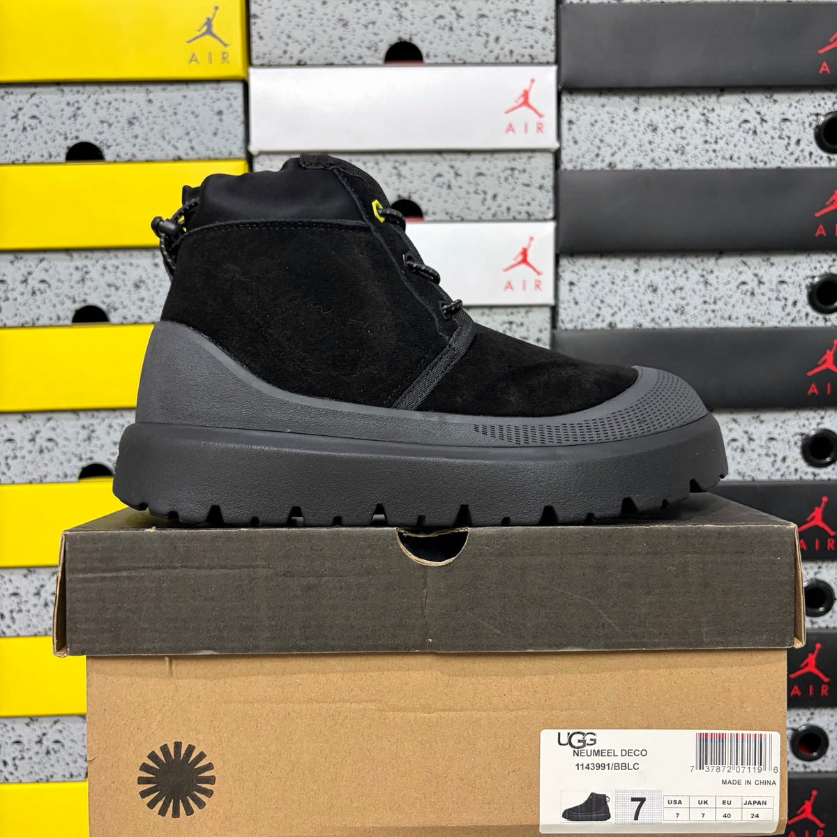 UGG Lace-Up Hiker Boot – Suede & Nylon Boot with Neon Yellow Toggle, Charcoal Midsole & Black Lug Sole