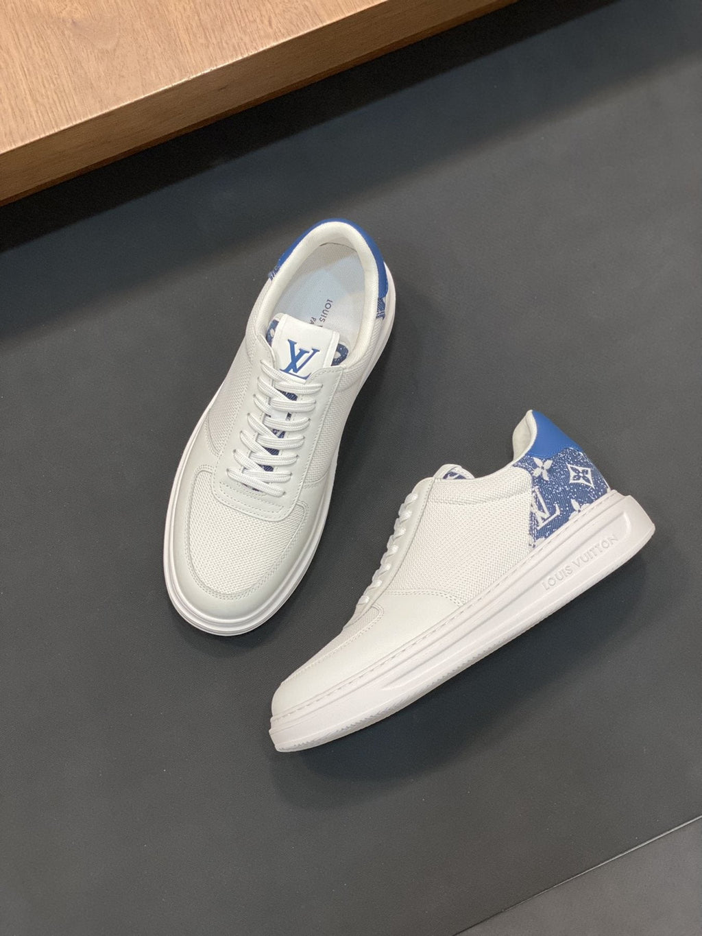 Louis Vuitton White and Blue Low-Top Sneakers