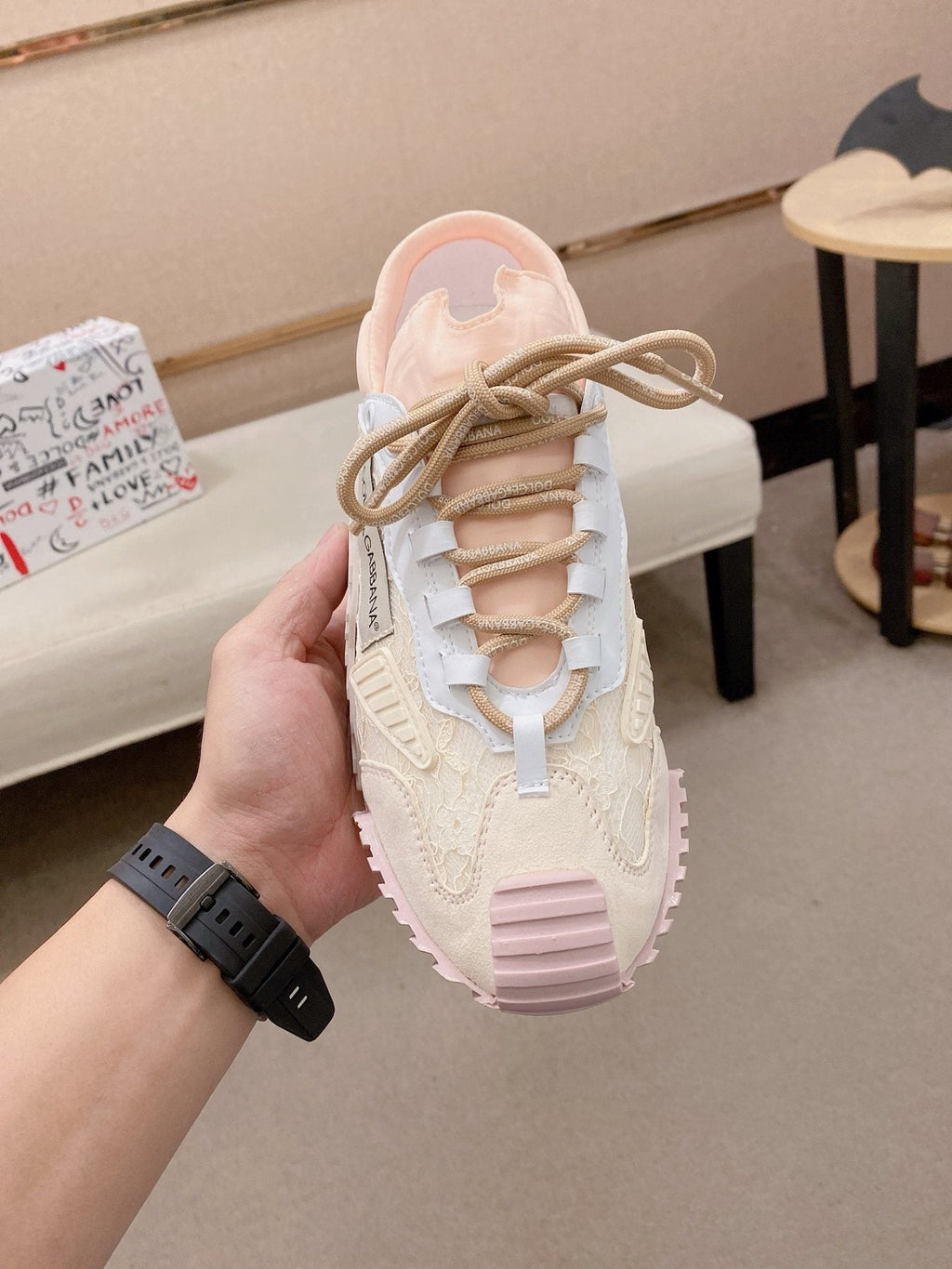 Dolce & Gabbana Pale Pink Cream Low-Top Sneakers