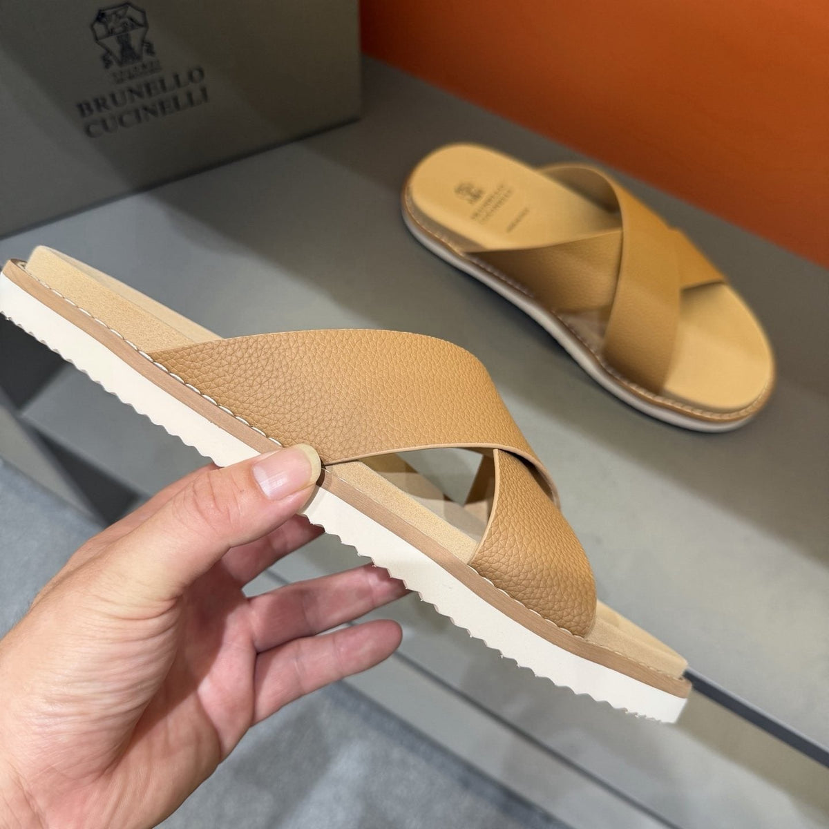 Brunello Cucinelli Men's Cross-Strap Slide Sandals - Cross-Over Strap Design